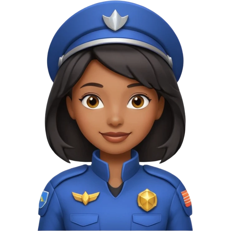 cute Black female spaceship captain portrait, head and shoulders only, futuristic uniform, captain badge, confident expression, 3D cartoon, mobile game icon style, clean background, no text, no watermark emoji