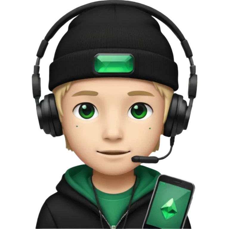 garcon avec un bonnet noir avec un emeraude dessus et un casque gaming emoji