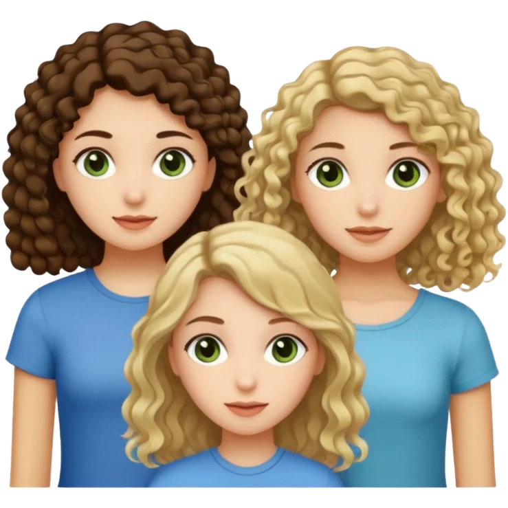A trio of girls (one straight haired brown eyed brunette, another straight haired Blueish greenish eyed blonde and the last girl a browned eyed curly haired brunette emoji