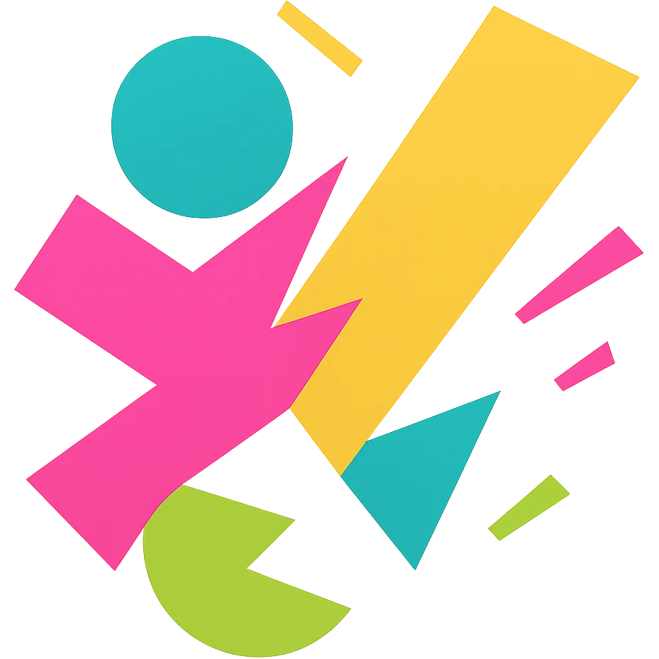 Increase abstraction and visual energy, using only dynamic, misaligned geometric elements and expressive color. Eliminate any literal or recognizable forms, focusing on movement and playful chaos. Keep it clean, bold, and suitable for an app icon and favicon. No background. emoji