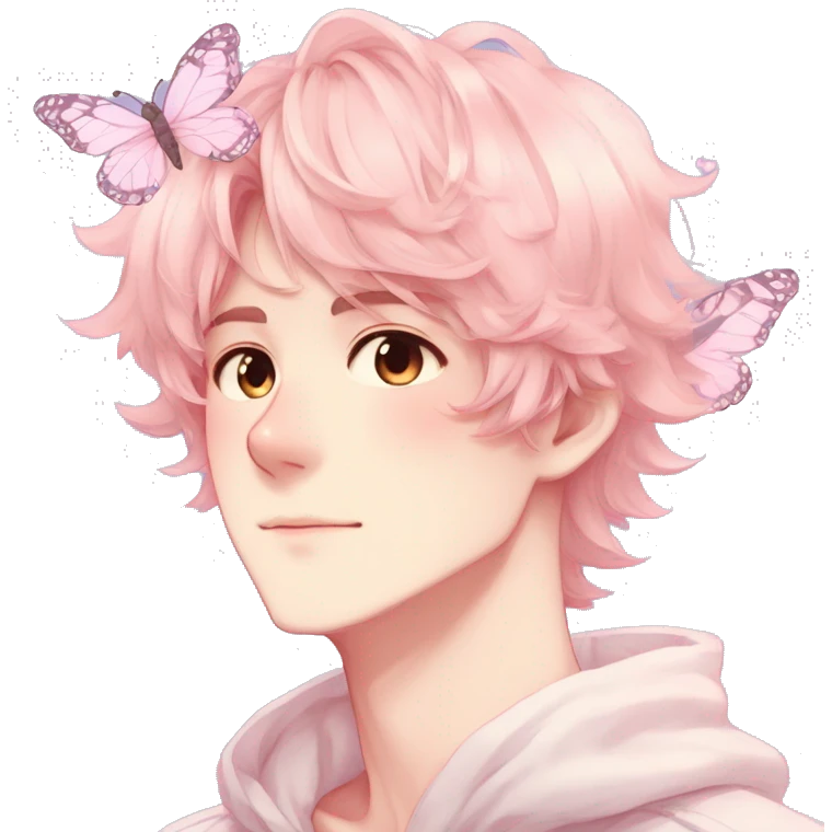 Gorgeous pastel anime style shojo man with blushing face and butterflies aesthetic and pretty hair trending style emoji