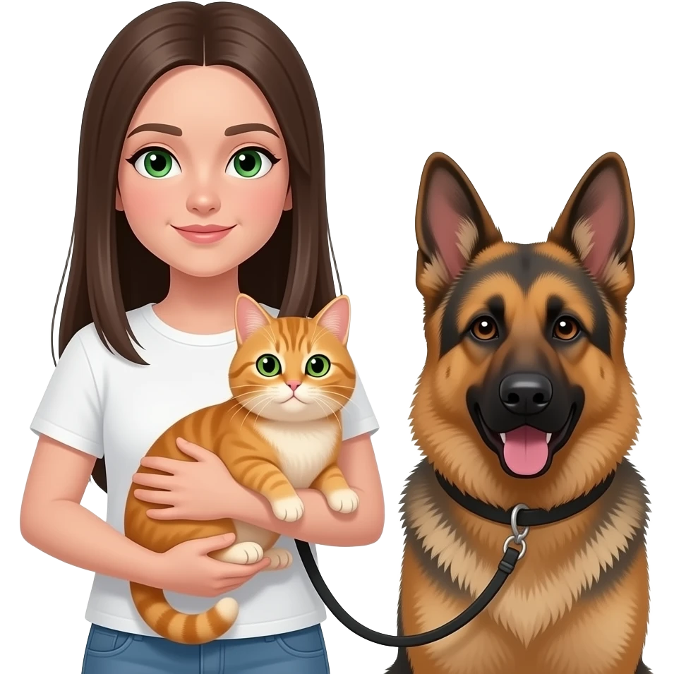 Сделай худую девочку брюнетку прямые длинные волосы темно зеленые глаза в белой футболке она не должна быть заправленнойв оверсайз черных штанах в руках у нее рыжий кок со светло зелеными глазами и еще у нее в руке поводок черный от немецкой овчарки с коричневыми глазами и ета собака коло девочки emoji