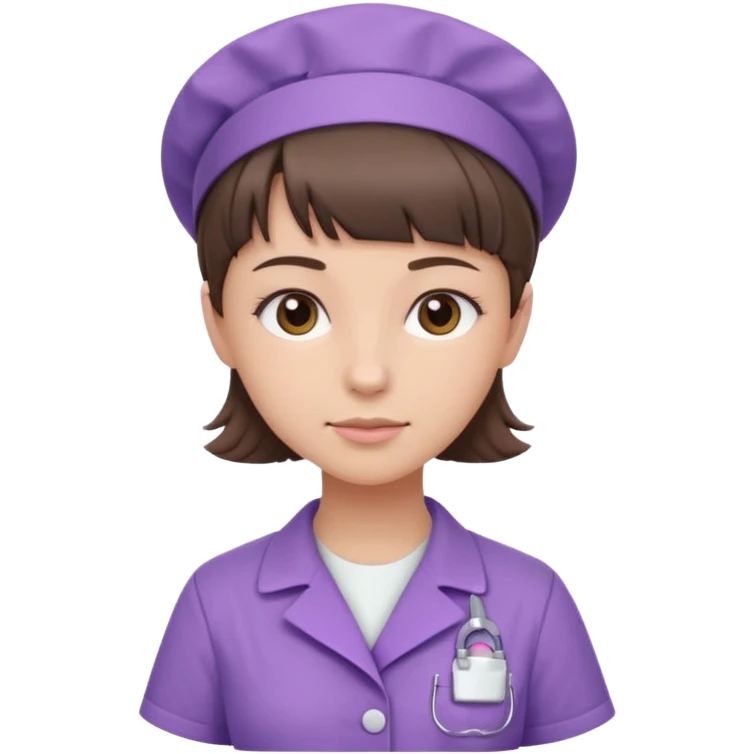 A young female slim nurse with short Brown hair with fringe over her forehead, wearing larvendar purple working cloth, without hat emoji
