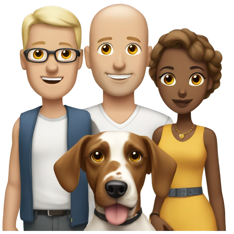 A bald white man with a brown-skinned woman and a Dalmatian dog beside them. emoji