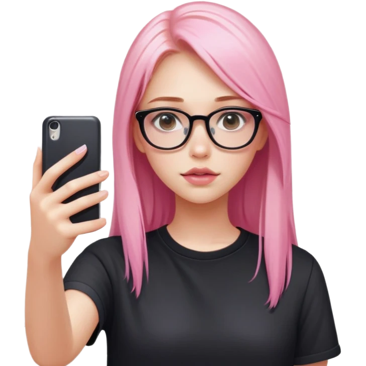 A teenage girl taking a selfie in a school bathroom. She has long, straight blonde and pink-dyed hair, wears rectangular glasses and a black shirt. Her expression is neutral with glossy lips emoji