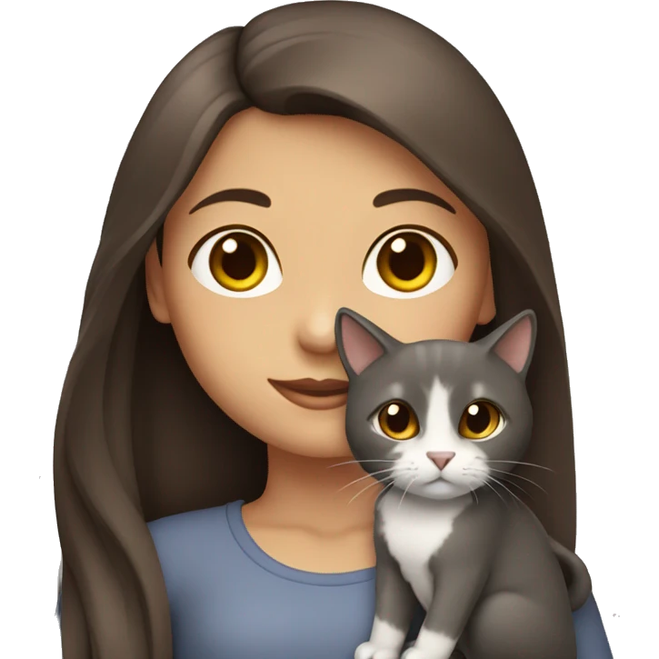 A girl with long brown hair And dark Brown eyes, holding a a grey cat emoji