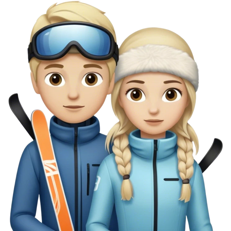 Blonde female and light brunette boy on skiis emoji