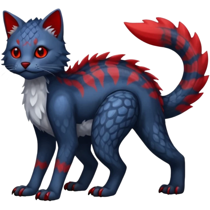 midnight blue-gray-black, with red markings, white belly, scaley scaly batty feline-like quadrupedal digitigrade furry feral Bastet-Noibat-Gatomon-Garchomp-Digimon-Fakémon-Pokémon-creature (full body) emoji