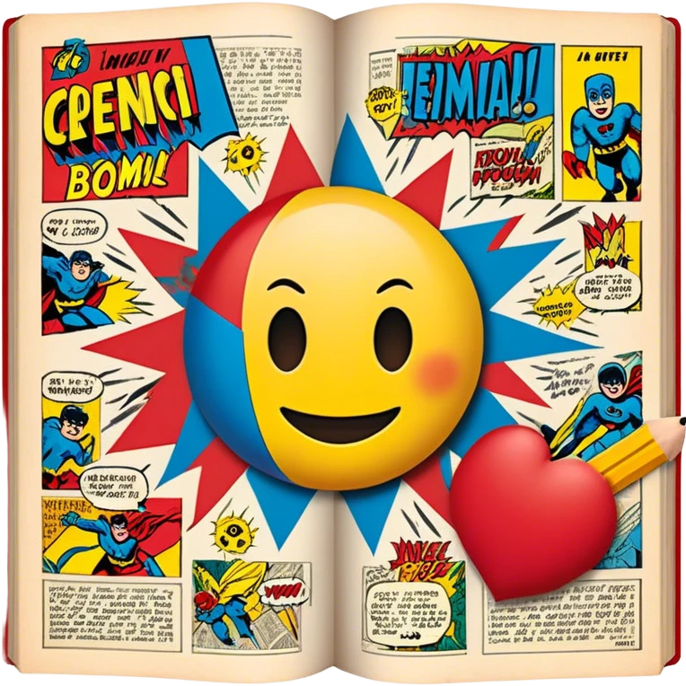 Create a vibrant emoji representing comic books and graphic novels as an art form. The design should feature a large, open comic book with vintage comic panels on the pages. Include a pencil (without a hand) gently writing text or sketching on the pages. The comic panels should have bold lines and retro-style artwork with classic comic book visuals. Use bright, energetic colors like red, yellow, and blue to evoke excitement and creativity. The overall design should feel dynamic, vintage, and artistic. Make the background transparent. emoji
