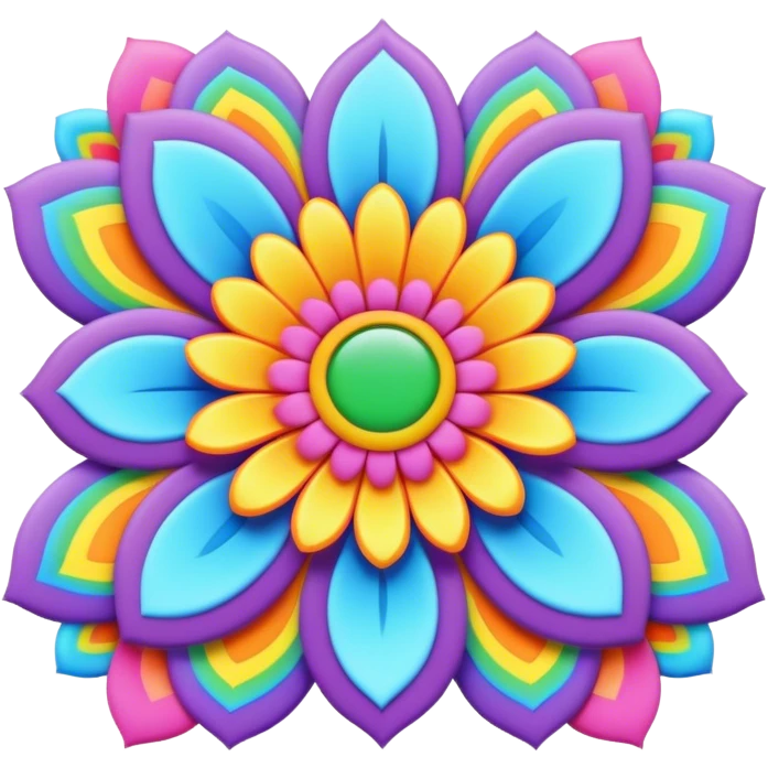 3D, psychedelic colored post card with hippie style flower border emoji