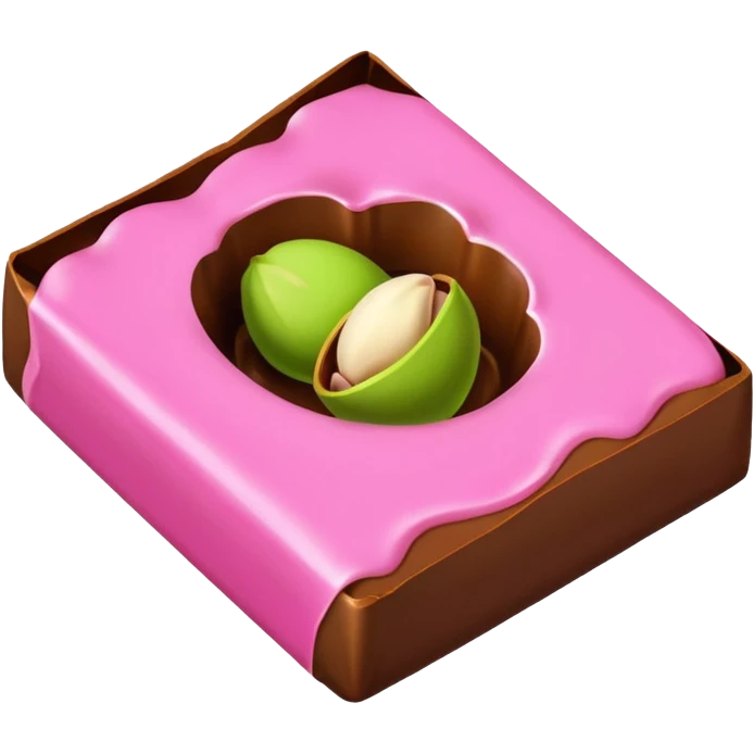 bitten chocolate in a pink wrapper. chocolate filling - pistachio paste green emoji