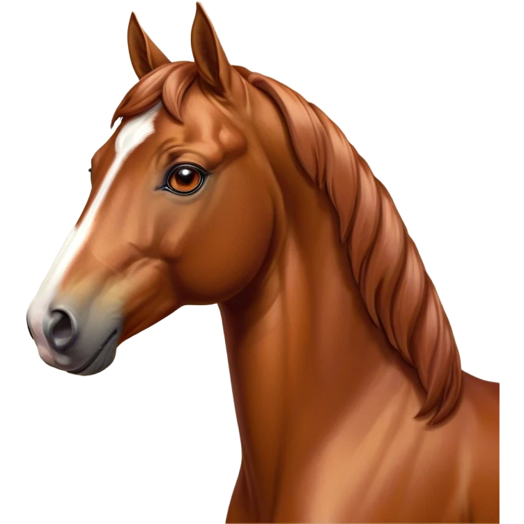Cinematic Noble Chestnut Horse Portrait Emoji, Poised and regal, with a strong, athletic build and a lustrous, well-groomed chestnut fur, deep-set soulful amber eyes, Simplified yet sharp and sophisticated features, highly detailed, glowing with a warm, dignified glow, high shine, intelligent and majestic, stylized with an air of equine elegance, focused and attentive, soft glowing outline, capturing the essence of a watchful and confident steed, so majestic it feels as though it could gallop out of the screen with effortless authority! emoji