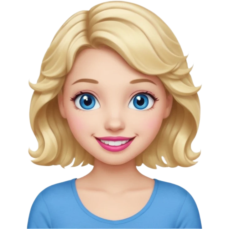 Girl Blonde short wavy hair,  blue eyes, cute blue top, long lashes, pink lips, 👄 big smile  emoji