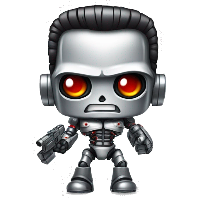 Emoji of a Terminator T-800, looking straight, cute 2d animation, red eyes, made of metal, white background,  emoji