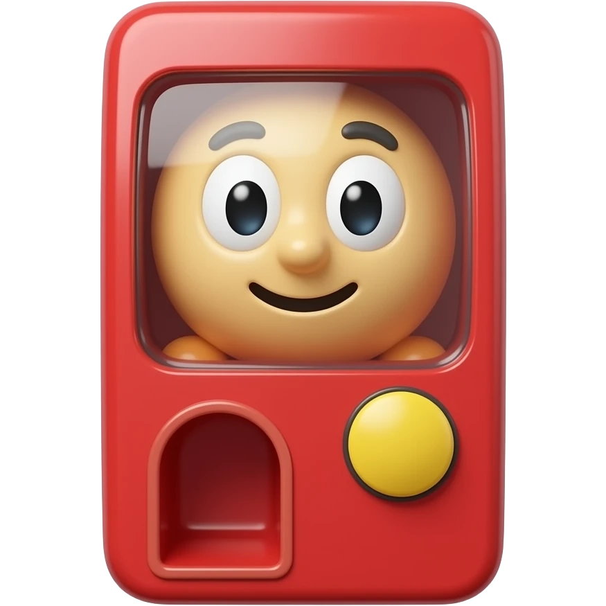 3D iOS emoji-style gashapon red machine, glossy plastic, neutral face, minimal, front view, centered, soft lighting, light gray background emoji