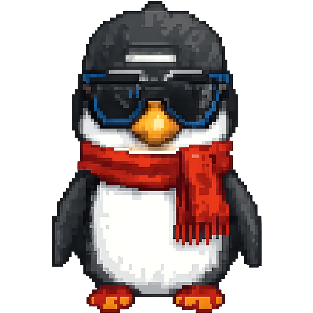 Add a red scarf to the penguin in pixel art style, with no background. Maintain the pixel art aesthetic and details. emoji