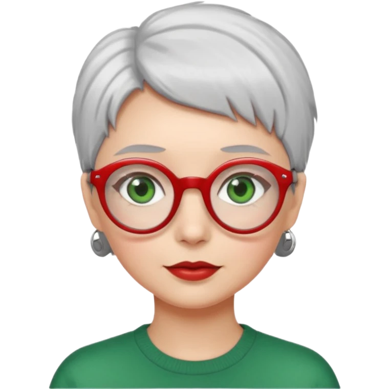 visage femme a lunettes fine ronde rouge avec cheveux courts gris-blancs aux yeux verts emoji