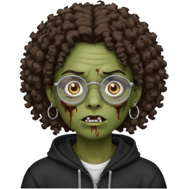 Chico moreno zombie, con gafas y sudadera negra, dos aretes en la oreja izquierda y dos en la derecha, ojeras en los ojos, pelo rizado emoji