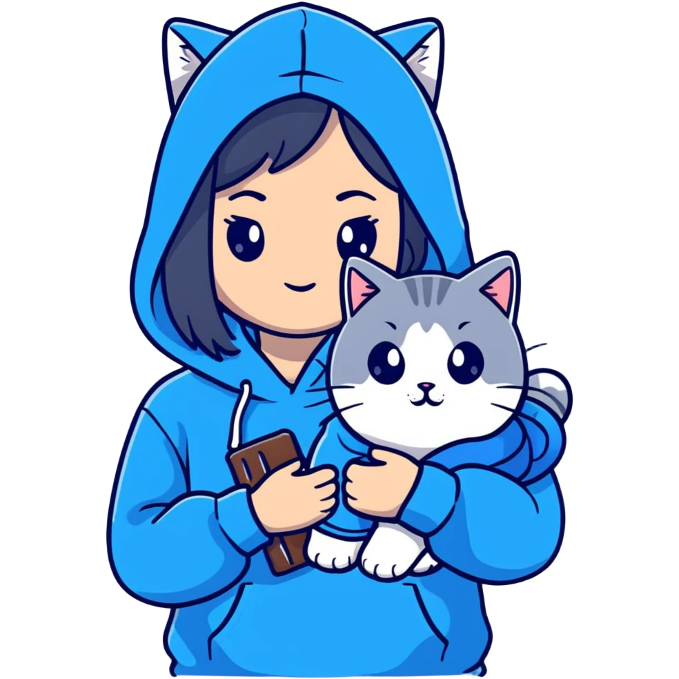 Girl with black hair wearing gray hoodie with a British shorthair blue and white cat and a long-haired blue and white cat emoji