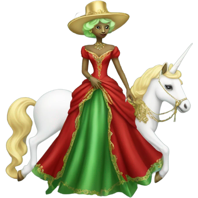 "galora green blonde alien woman" in red Victorian elegant dress, full body, rides unicorn gold and white
 emoji