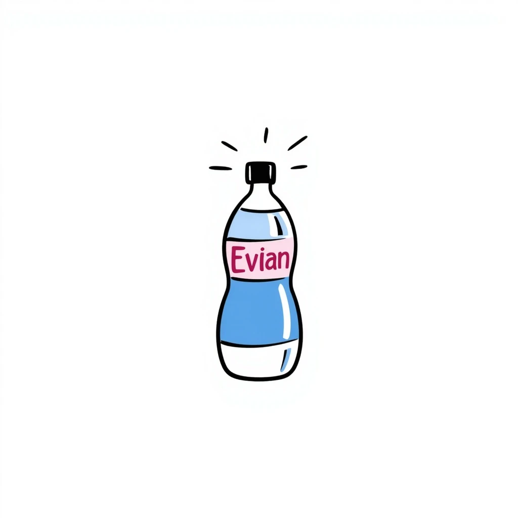 Evian water bottle, hand-drawn doodle style, playful, blue and pink label, white background emoji