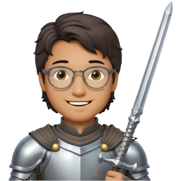 young half-Asian man with slightly wavy hair, glasses, dressed as a knight in shining armor, holding a sword, friendly expression, normal guy emoji