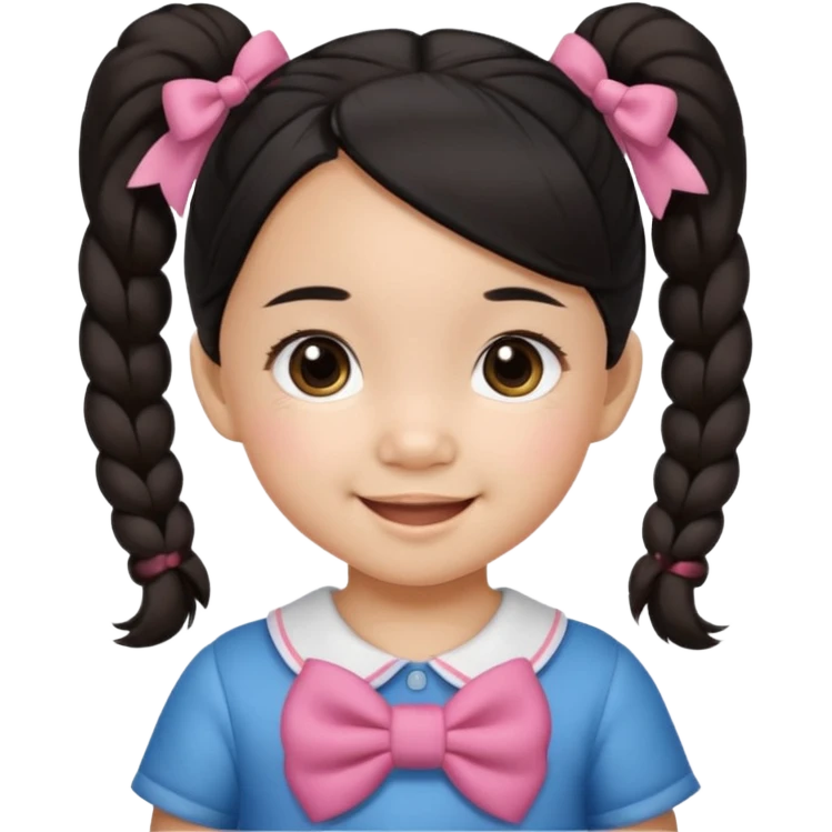 mixed toddler girl asian and american with bow pigtails, dark brown/black hair with big brown eyes emoji