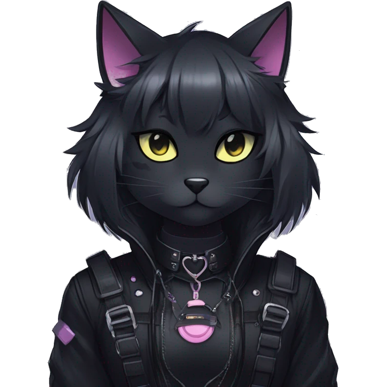 Gorgeous furry gothic dark techwear anime style anthro black cat furry sona Fakemon with blushing face aesthetic and pretty edgy black with collar and harness trending style emoji