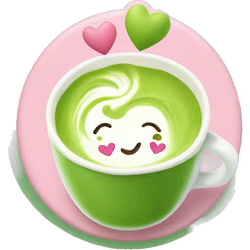 Matcha latte with pink hearts around emoji