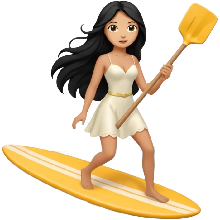 Bride black long hair holding her phone and long shovel with another hand. Under her feet, there is one surfing board. emoji