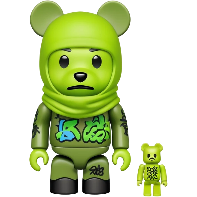 bearbrick toy wearing a lime green balaclava with graffiti style artwork emoji
