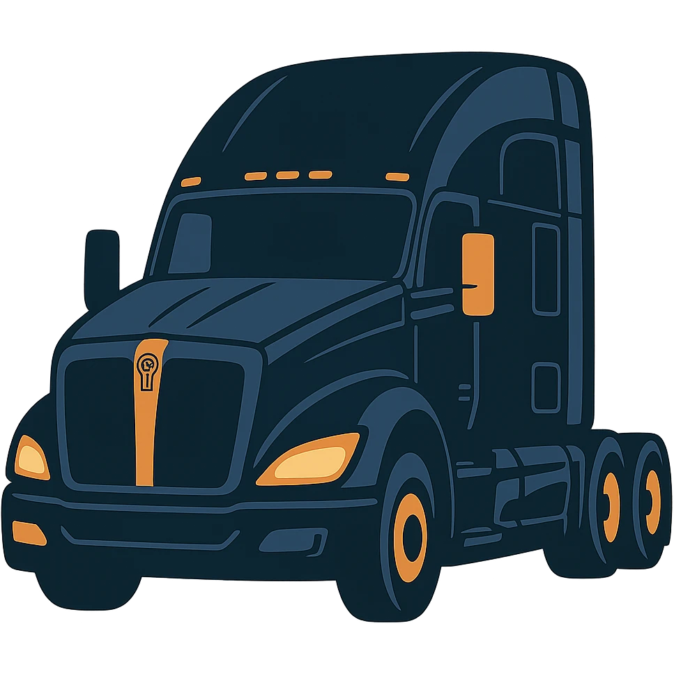 Edit the 2026 Black Kenworth T680 Sleeper semi truck to a more front-facing angle in a cartoon style with headlights on, no background. emoji