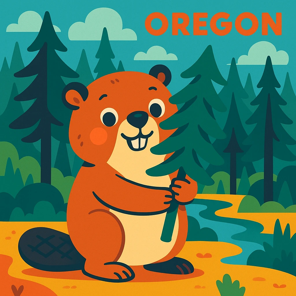 a beaver holding a pine tree, Oregon forest background, cute style, vibrant toon emoji