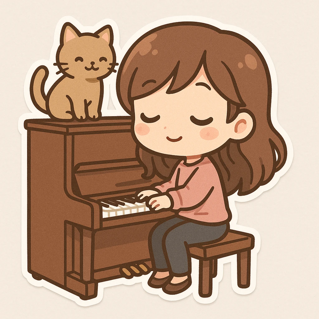 woman playing piano while her cat sits on top of the piano emoji