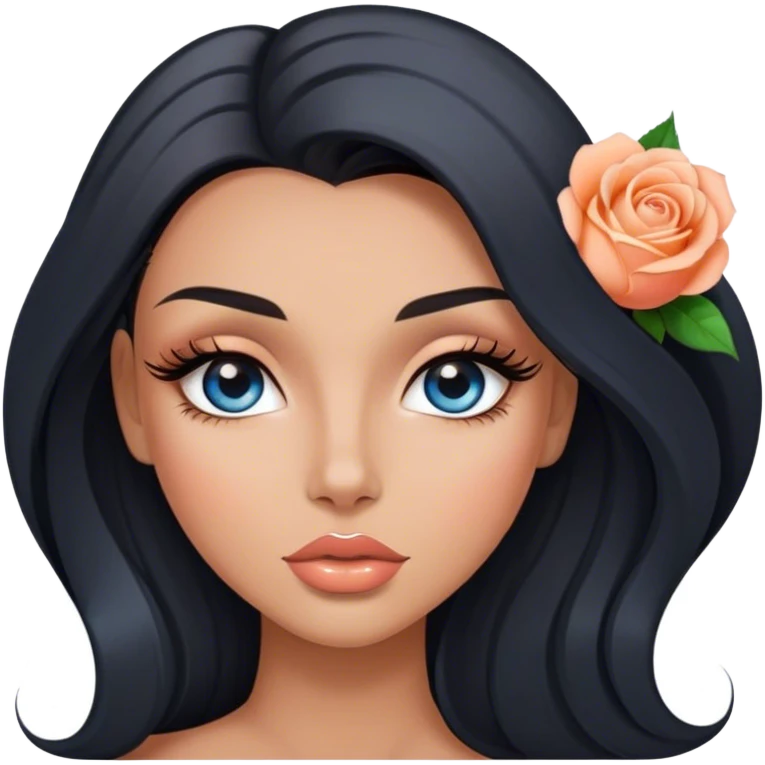 Glamours, tanned, very beautiful girl, with big pump peach-beige-rose lips, long long lashes, black straight smooth silky long hair, straight parting hair, blue-grey eyes emoji