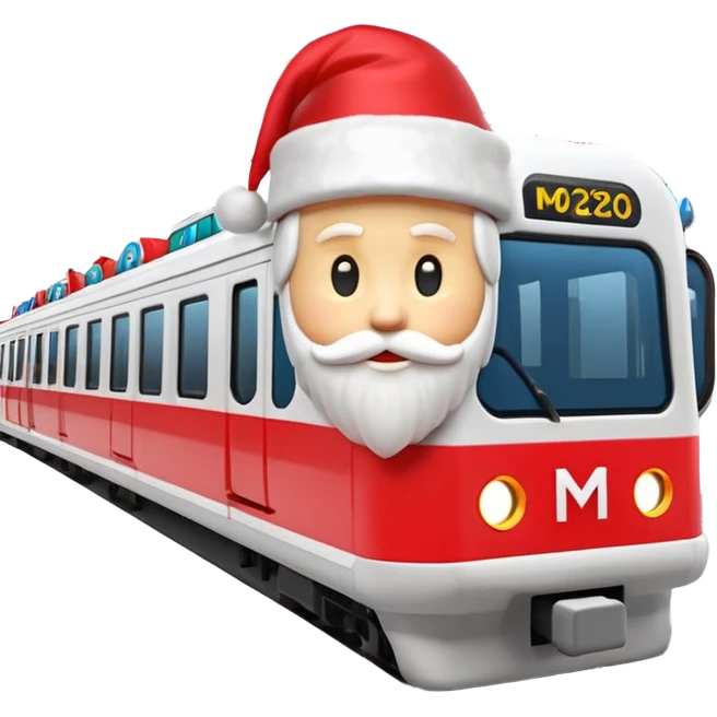 Apple iOS style 3D emoji of a
Moscow Metro train (modern
"Moskva-2020" model) decorated for
New Year. The train has a large red Santa hat on its front and is wrapped in glowing LED garlands. A bright iconic red letter
"M" logo is positioned next to it. Smooth glossy plastic, soft 3D render,  emoji