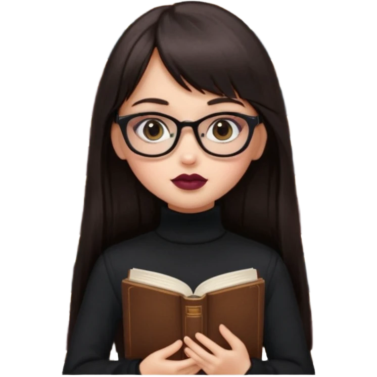 generate a pretty bratz girl with black small square spectacles, dark lipstick, black turtleneck , books in hand, dark brown straight long hair with bangs, eyeliner on,  emoji