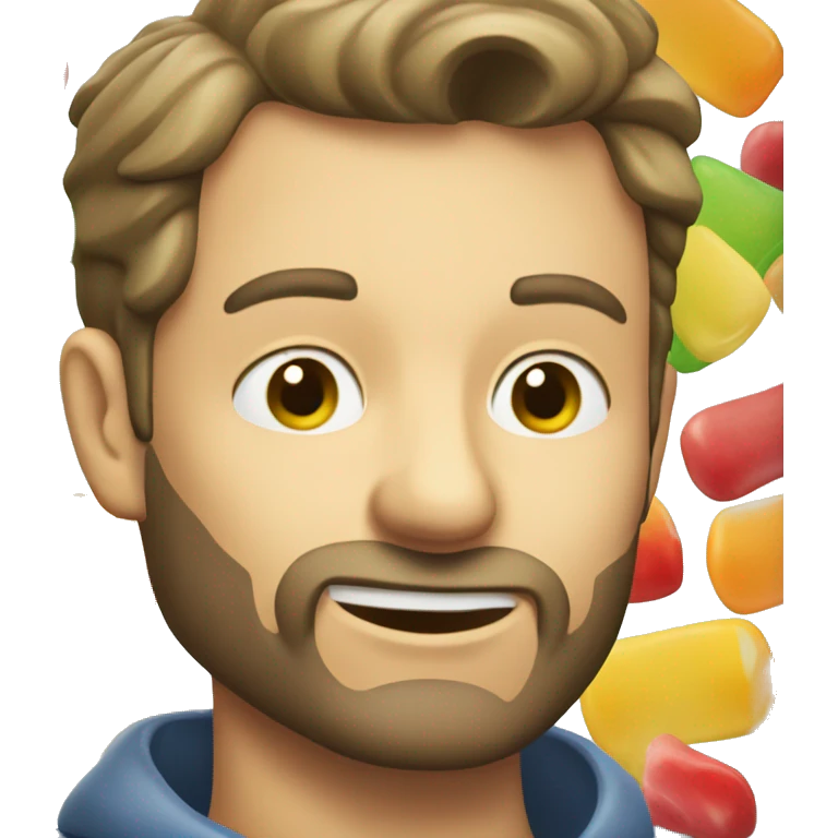 A Caucasian man eating gummies emoji