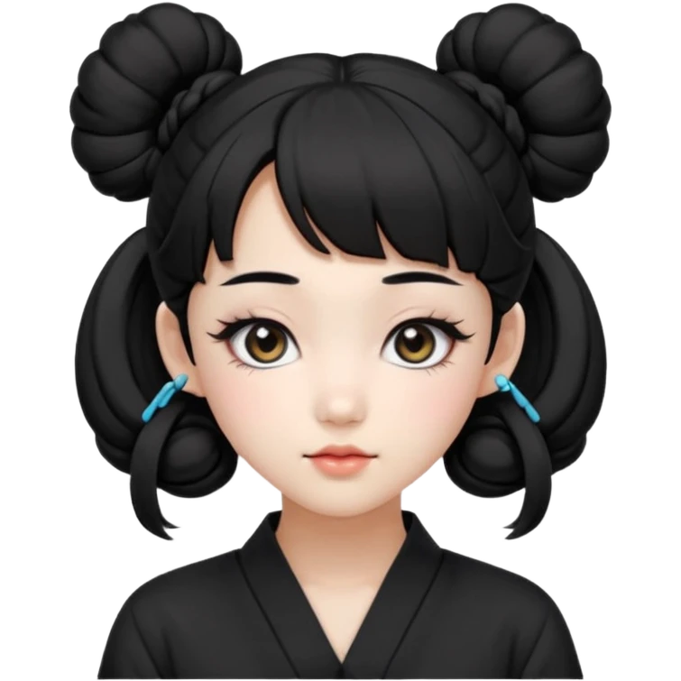a beautiful girl face, wearing cute korean makeup, black hair, tied into two buns low near the ears with front bangs, kpop idol emoji