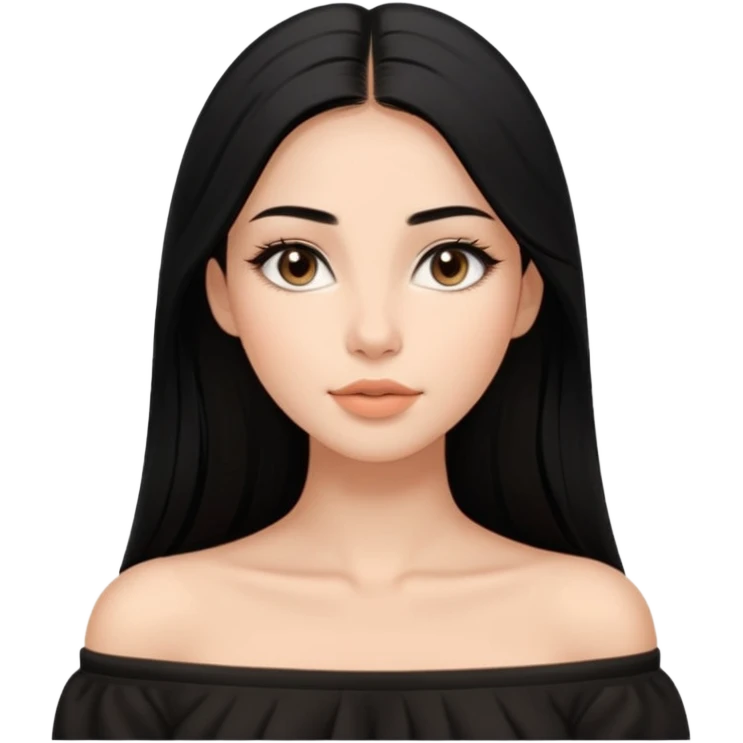 A realistic 3D avatar of a young woman with a soft oval face, slim cheeks, natural almond eyes, long straight black hair, minimal makeup, wearing a black off-shoulder top, elegant and aesthetic, tanned skintone. emoji