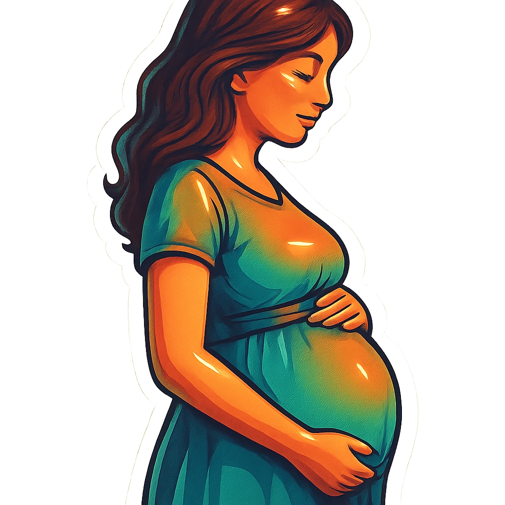 pregnant woman half-length portrait, standing sideways, holding belly, face and head fully in frame, retro stickers style, soft rounded shapes, expressive contours, vintage color palette, light paper texture, shadows and highlights, transparent background, dress with belt and loose hair emoji