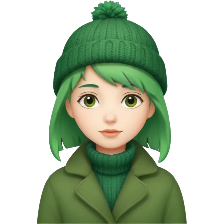 Girl with green hair wearing winter coat and a woolen hat with a relaxed posture and friendly face emoji