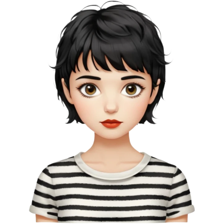 Gorgeous french woman short french haircut tousled textured messy wavy hair short straight-across blunt baby bangs black hair Amelie elegant woman with beautiful hair aesthetic striped white shirt emoji