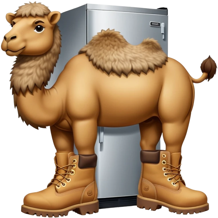 A stainless steel refrigerator with a camel head emerging from the freezer door and camel legs with tan Timberland work boots at the bottom emoji