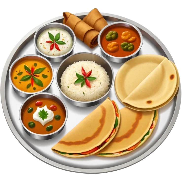South Indian thali platter with dosa, sambar, chutneys, and rice emoji