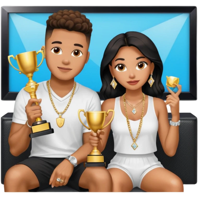 Internet celebrity Josh King Madrid jetset wearing shiny diamond earrings and sparkly iced out diamond tennis necklace chains with Instagram model girl tefi valenzuela sitting with him holding gold internet celebrity trophy on tv show in Miami emoji