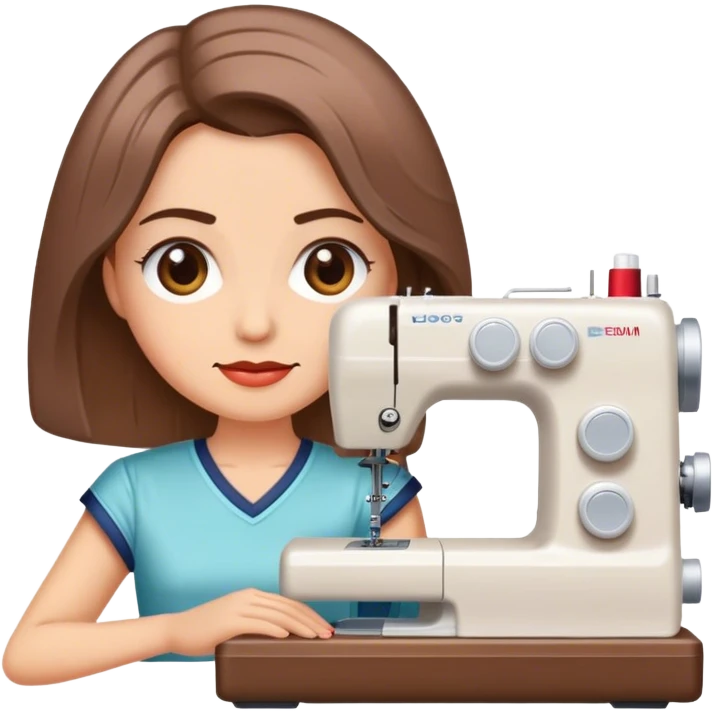 Mujer con cabello a la altura de hombros, cabello color chocolate claro, con máquina de coser  emoji