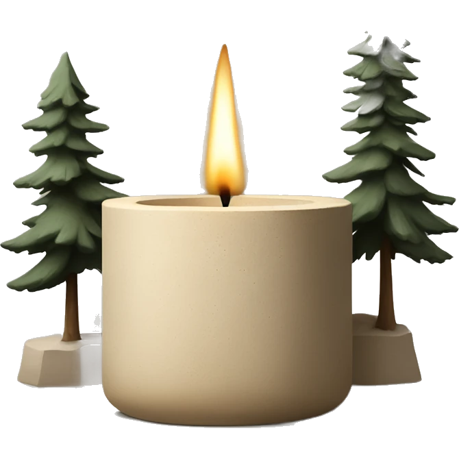 Candle in beige concrete vessel with painted pine trees emoji