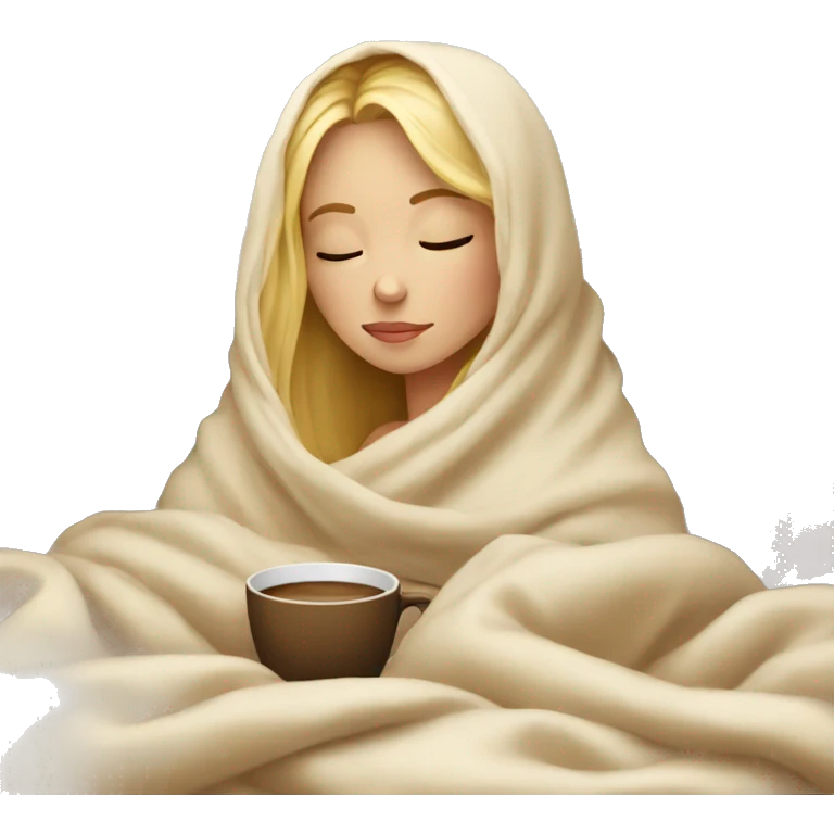 Blonde girl inside a blanket sipping coffee eyes closed emoji