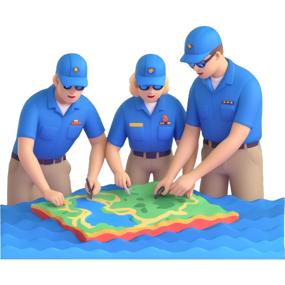 Team of marine geologists examining 3D maps of underwater terrain created from sonar data emoji